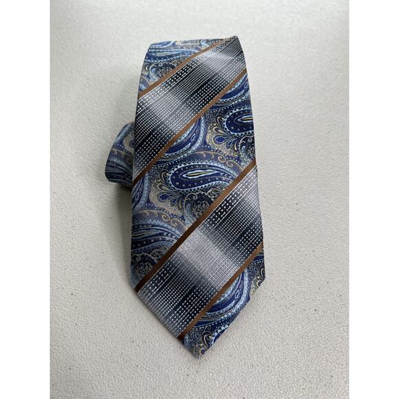 Hi-Tie Gray, Blue Striped/Paisley Pattern 100% Silk Hand Tailored Tie NWOT - Picture 1 of 7